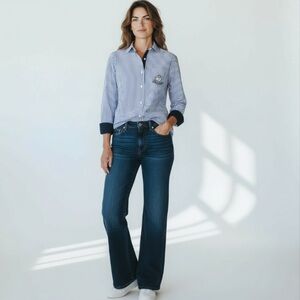 Saint James Striped Button Down Women’s Blouse Top  with Embroidered Crest Logo